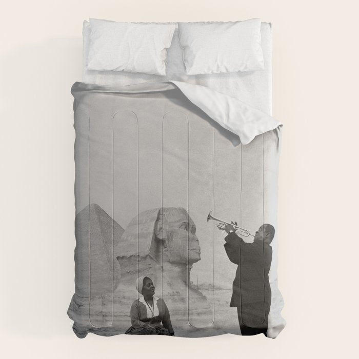 Louis Armstrong at the Spinx and Egyptian Pyrimids Vintage black and white photography / photographs Comforter Gallery Image 6