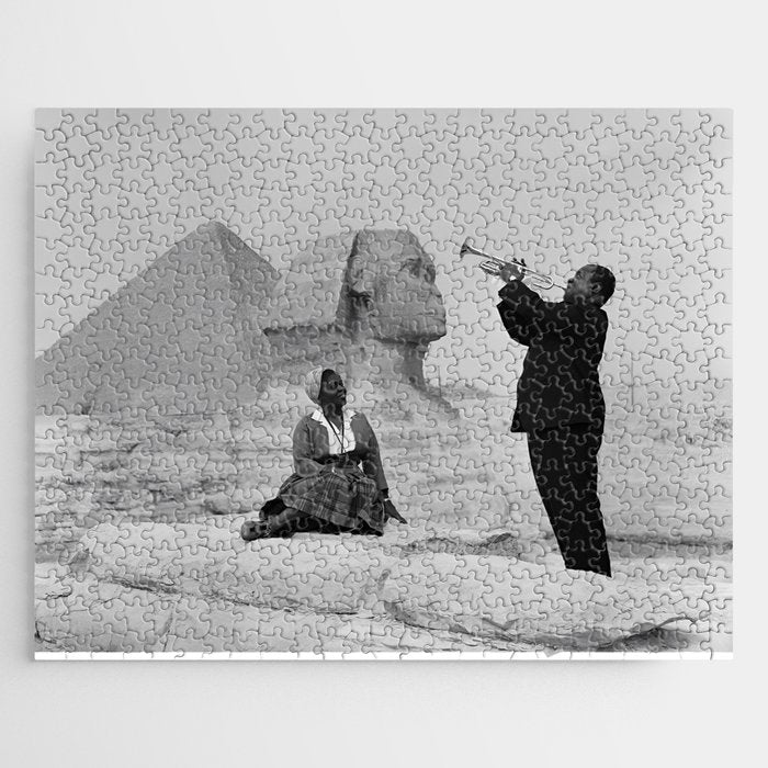 Louis Armstrong at the Spinx and Egyptian Pyrimids Vintage black and white photography / photographs Jigsaw Puzzle