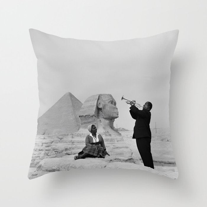 Louis Armstrong at the Spinx and Egyptian Pyrimids Vintage black and white photography / photographs Throw Pillow Gallery Image 6