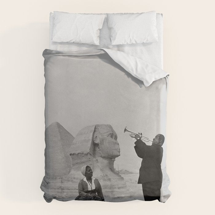 Louis Armstrong at the Spinx and Egyptian Pyrimids Vintage black and white photography / photographs Duvet Cover Gallery Image 1
