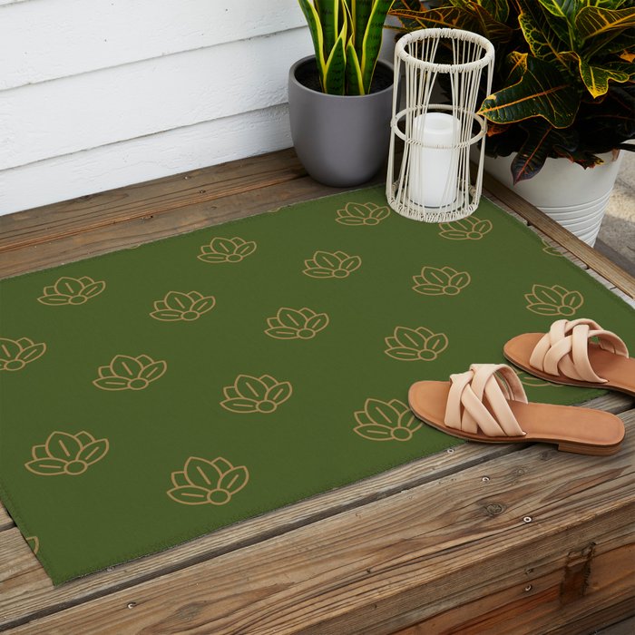 Gold Spiritual Lotus on Dark Olive Green Outdoor Rug Gallery Image 2
