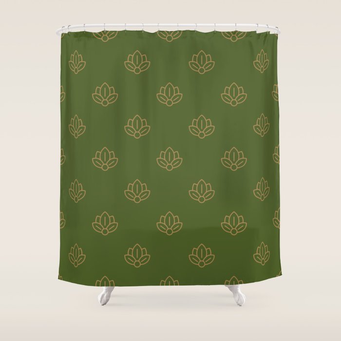 Gold Spiritual Lotus on Dark Olive Green Shower Curtain Gallery Image 1