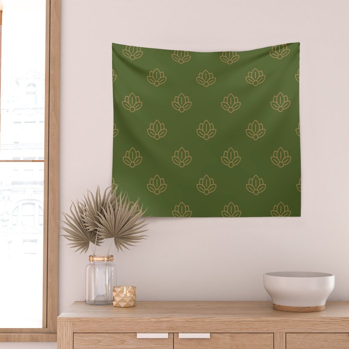 Gold Spiritual Lotus on Dark Olive Green Wall Tapestry Gallery Image 2