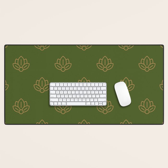 Gold Spiritual Lotus on Dark Olive Green Desk Mat Gallery Image 1