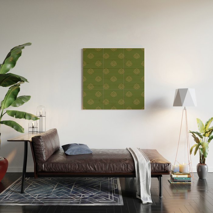 Gold Spiritual Lotus on Dark Olive Green Wood Wall Art Gallery Image 2