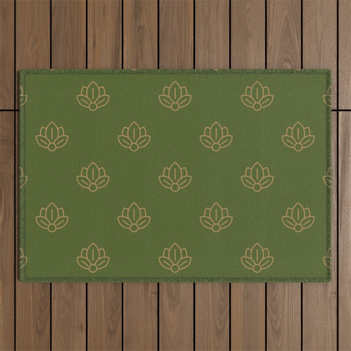 Gold Spiritual Lotus on Dark Olive Green Outdoor Rug Gallery Image 1