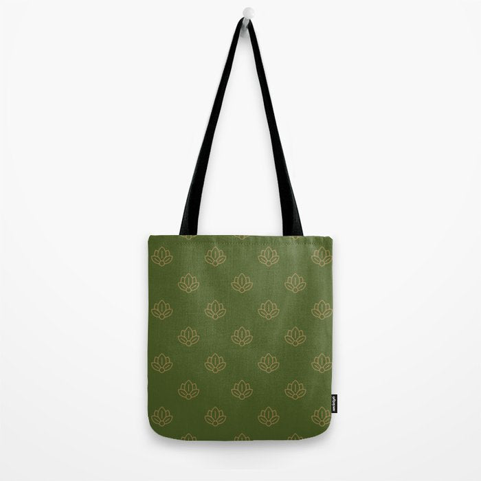 Gold Spiritual Lotus on Dark Olive Green Tote Bag Gallery Image 2
