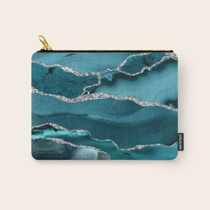 Glamour Turquoise Blue Bohemian Watercolor Marble With Silver Glitter Veins Carry All Pouch Gallery Image 1