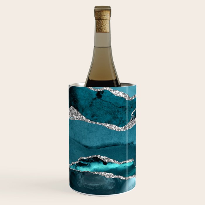 Glamour Turquoise Blue Bohemian Watercolor Marble With Silver Glitter Veins Wine Chiller Gallery Image 2