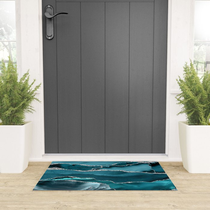 Glamour Turquoise Blue Bohemian Watercolor Marble With Silver Glitter Veins Welcome Mat Gallery Image 3