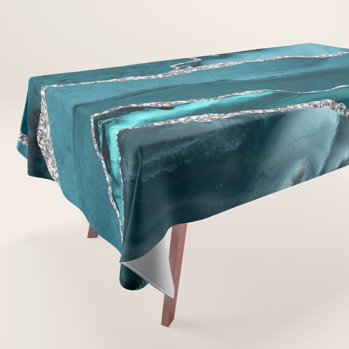 Glamour Turquoise Blue Bohemian Watercolor Marble With Silver Glitter Veins Tablecloth Gallery Image 1