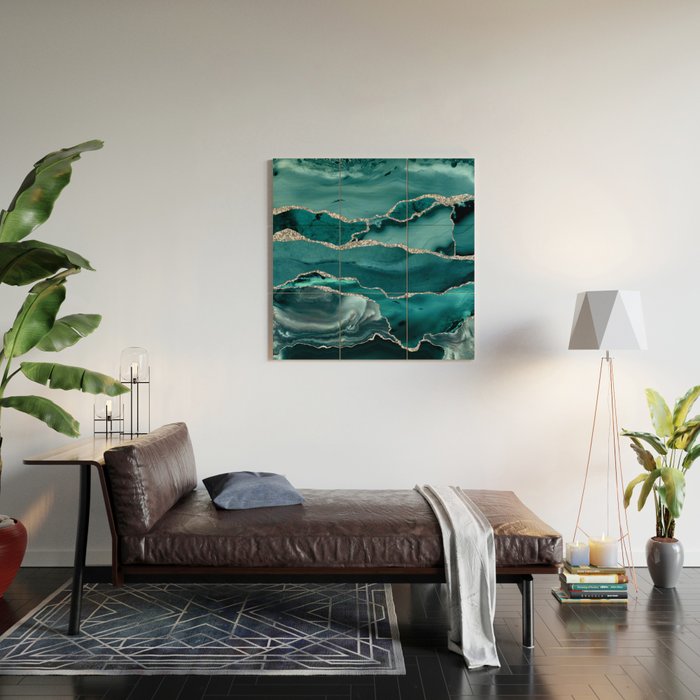 Glamour Turquoise Blue Bohemian Watercolor Marble With Silver Glitter Veins Wood Wall Art Gallery Image 2