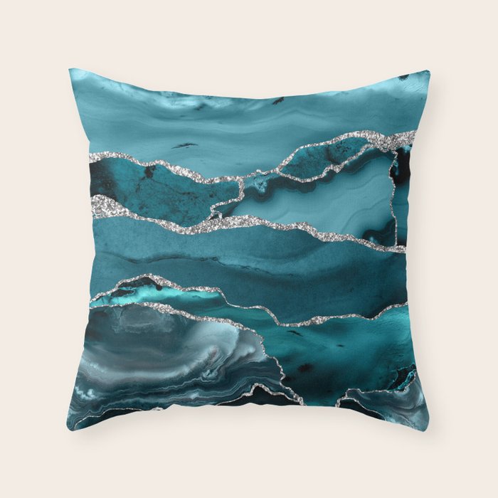 Glamour Turquoise Blue Bohemian Watercolor Marble With Silver Glitter Veins Throw Pillow Gallery Image 1