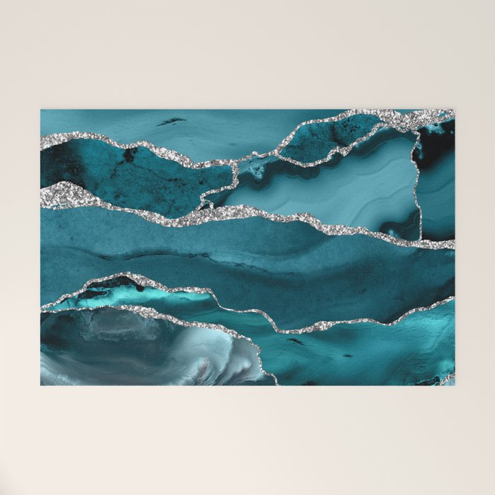 Glamour Turquoise Blue Bohemian Watercolor Marble With Silver Glitter Veins Welcome Mat Gallery Image 1
