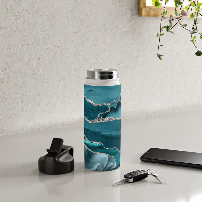 Glamour Turquoise Blue Bohemian Watercolor Marble With Silver Glitter Veins Water Bottle Gallery Image 4
