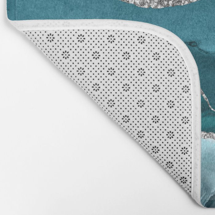 Glamour Turquoise Blue Bohemian Watercolor Marble With Silver Glitter Veins Bath Mat Gallery Image 2