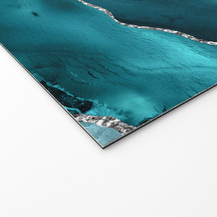Glamour Turquoise Blue Bohemian Watercolor Marble With Silver Glitter Veins Welcome Mat Gallery Image 2