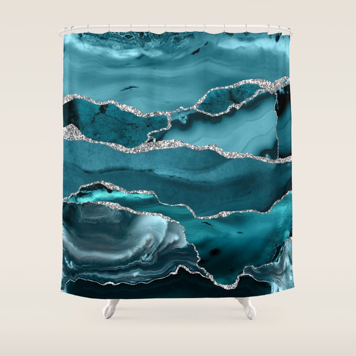 Glamour Turquoise Blue Bohemian Watercolor Marble With Silver Glitter Veins Shower Curtain Gallery Image 1