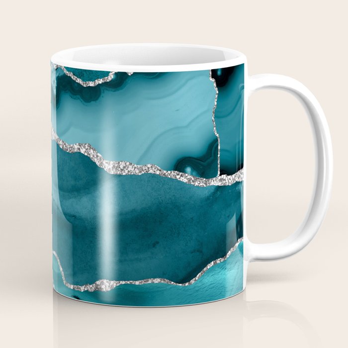 Glamour Turquoise Blue Bohemian Watercolor Marble With Silver Glitter Veins Coffee Mug Gallery Image 1