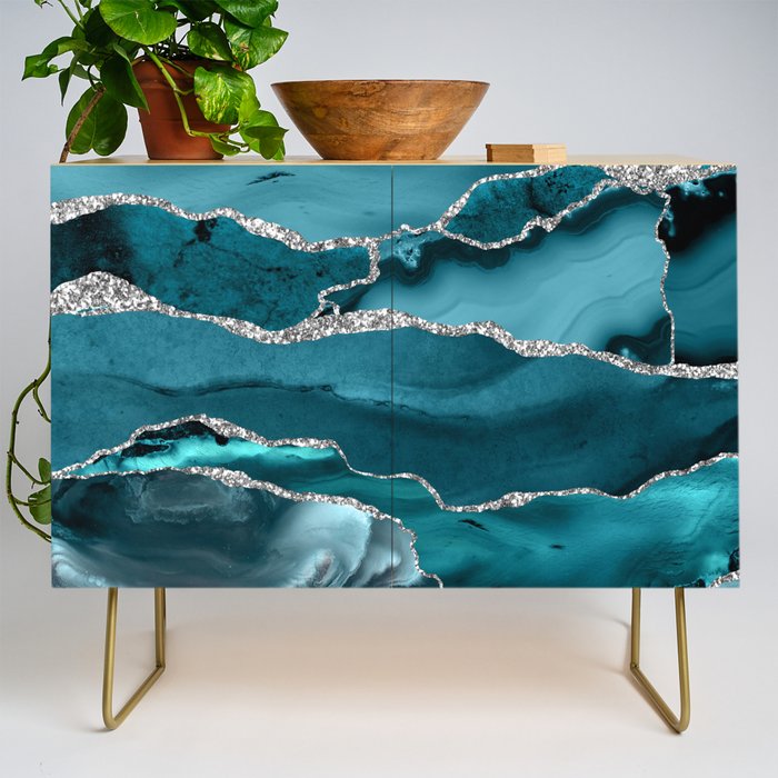 Glamour Turquoise Blue Bohemian Watercolor Marble With Silver Glitter Veins Credenza Gallery Image 1