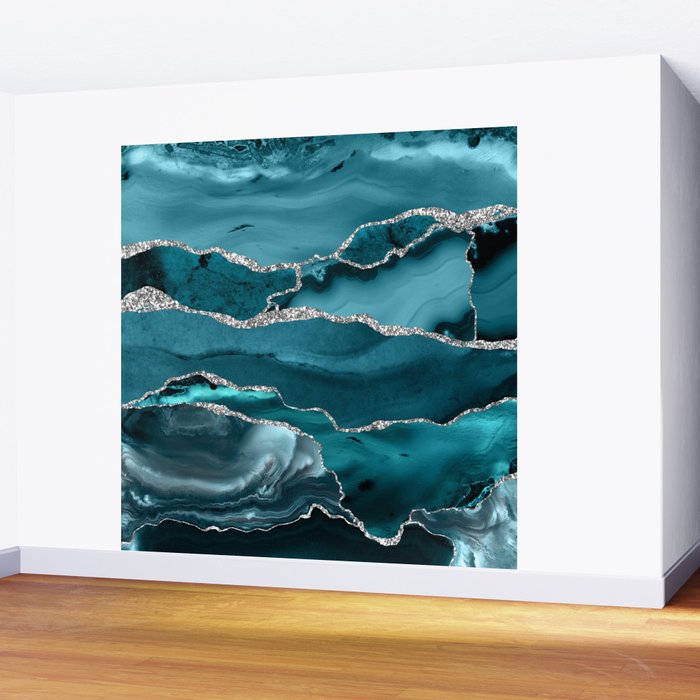 Glamour Turquoise Blue Bohemian Watercolor Marble With Silver Glitter Veins Wall Mural Gallery Image 2