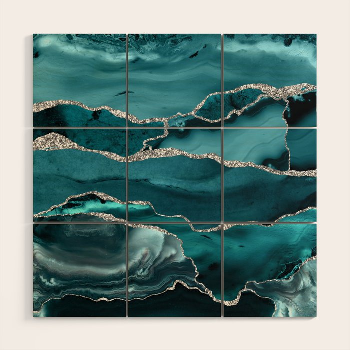 Glamour Turquoise Blue Bohemian Watercolor Marble With Silver Glitter Veins Wood Wall Art Gallery Image 1