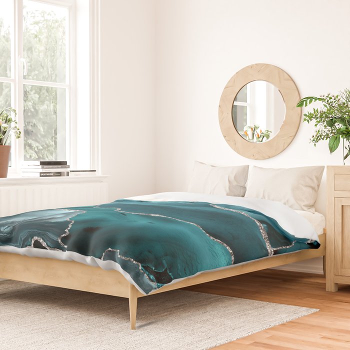 Glamour Turquoise Blue Bohemian Watercolor Marble With Silver Glitter Veins Duvet Cover Gallery Image 2