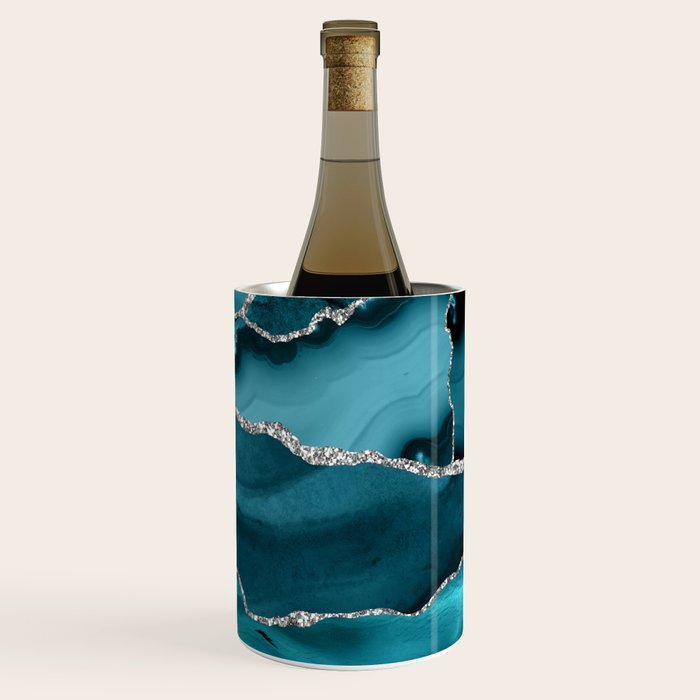 Glamour Turquoise Blue Bohemian Watercolor Marble With Silver Glitter Veins Wine Chiller Gallery Image 3