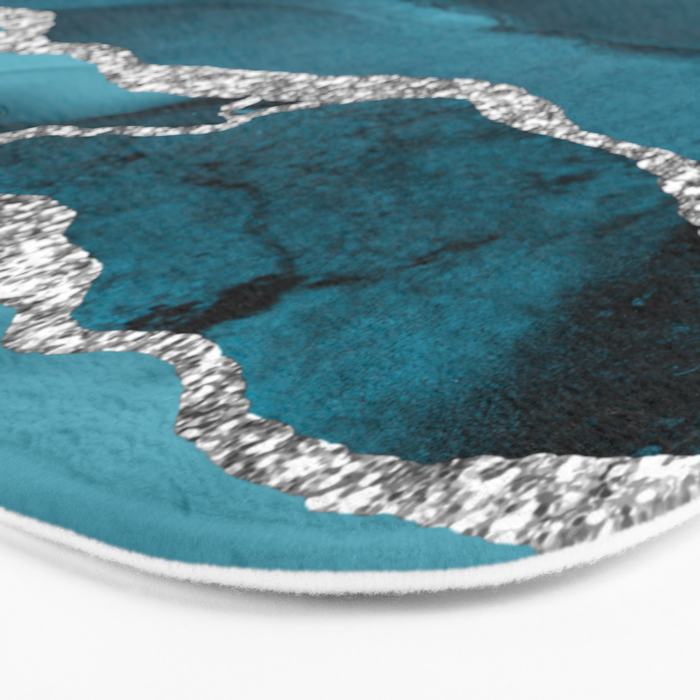 Glamour Turquoise Blue Bohemian Watercolor Marble With Silver Glitter Veins Bath Mat Gallery Image 3