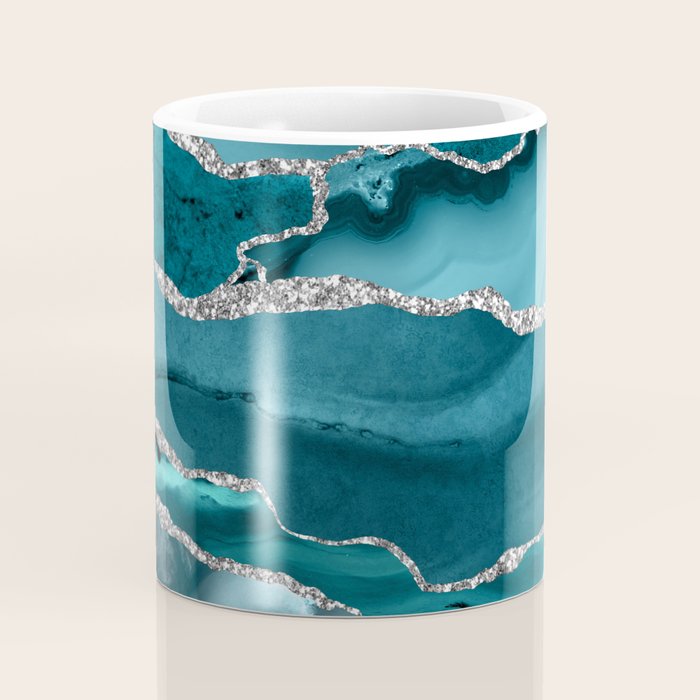 Glamour Turquoise Blue Bohemian Watercolor Marble With Silver Glitter Veins Coffee Mug Gallery Image 4