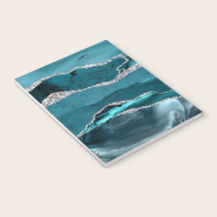 Glamour Turquoise Blue Bohemian Watercolor Marble With Silver Glitter Veins Notebook Gallery Image 3