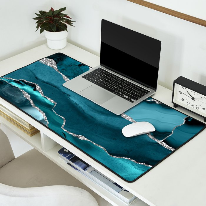 Glamour Turquoise Blue Bohemian Watercolor Marble With Silver Glitter Veins Desk Mat Gallery Image 2