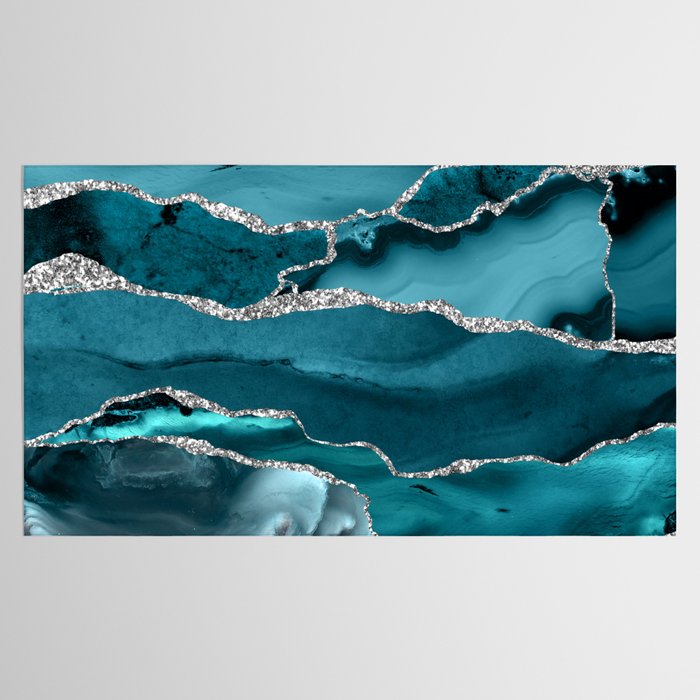 Glamour Turquoise Blue Bohemian Watercolor Marble With Silver Glitter Veins Tablecloth Gallery Image 2