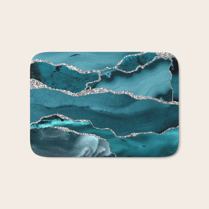 Glamour Turquoise Blue Bohemian Watercolor Marble With Silver Glitter Veins Bath Mat Gallery Image 1