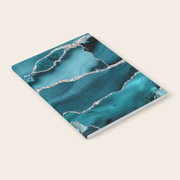 Glamour Turquoise Blue Bohemian Watercolor Marble With Silver Glitter Veins Notebook Gallery Image 1