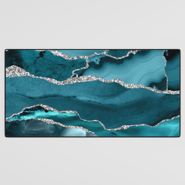 Glamour Turquoise Blue Bohemian Watercolor Marble With Silver Glitter Veins Desk Mat Gallery Image 3