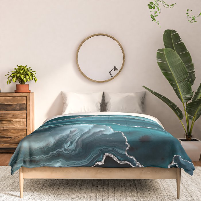 Glamour Turquoise Blue Bohemian Watercolor Marble With Silver Glitter Veins Comforter Gallery Image 3