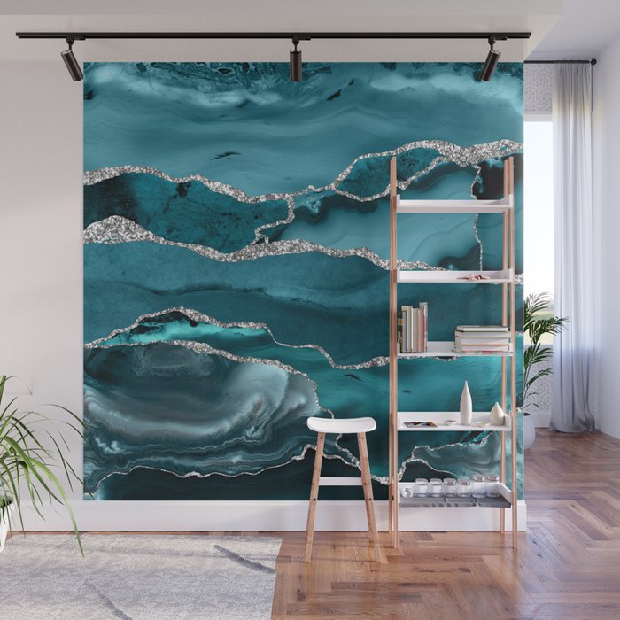 Glamour Turquoise Blue Bohemian Watercolor Marble With Silver Glitter Veins Wall Mural Gallery Image 1
