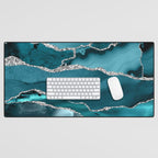 Glamour Turquoise Blue Bohemian Watercolor Marble With Silver Glitter Veins Desk Mat Gallery Image 1