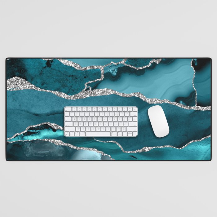 Glamour Turquoise Blue Bohemian Watercolor Marble With Silver Glitter Veins Desk Mat Gallery Image 1