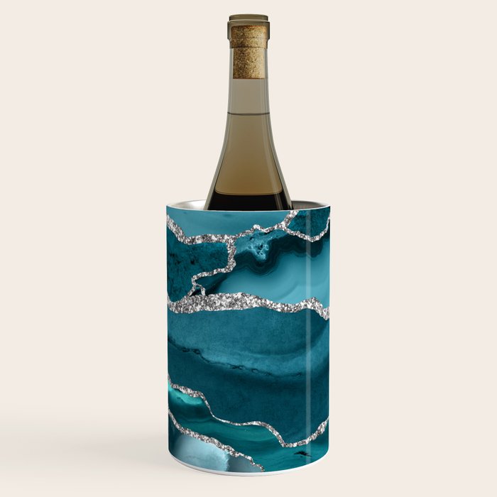 Glamour Turquoise Blue Bohemian Watercolor Marble With Silver Glitter Veins Wine Chiller Gallery Image 1