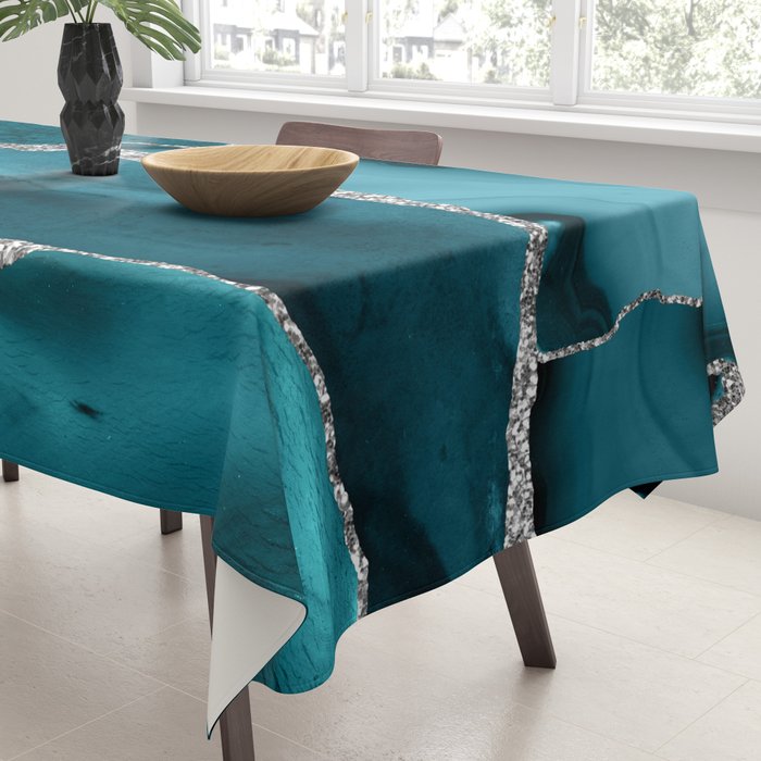 Glamour Turquoise Blue Bohemian Watercolor Marble With Silver Glitter Veins Tablecloth Gallery Image 3