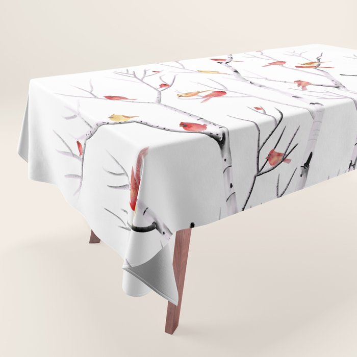 Birch Trees and Cardinal 2  Tablecloth Gallery Image 1