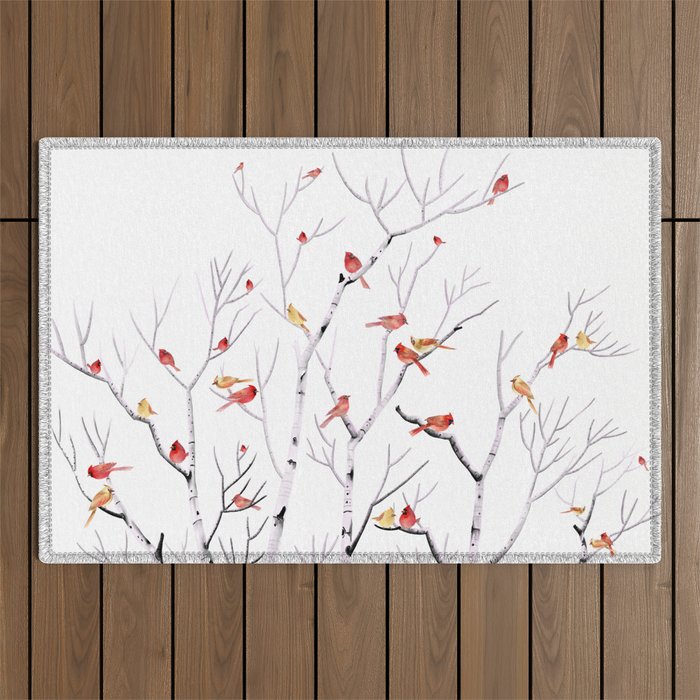 Birch Trees and Cardinal 2  Outdoor Rug Gallery Image 1