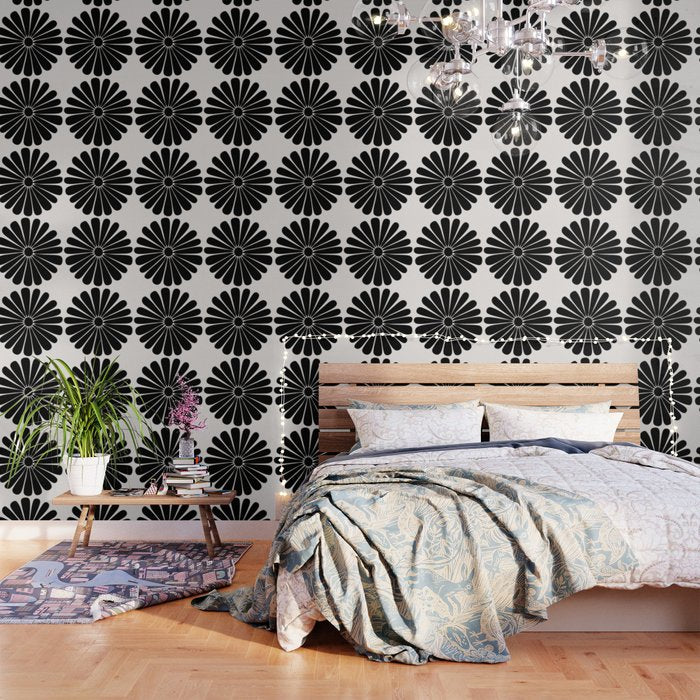 Retro Daisy Abstract I Black and White Bold Floral Wallpaper Gallery Image 3