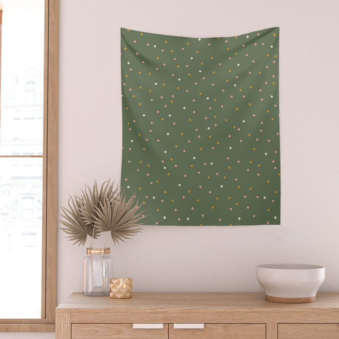 Confetti Pink Gold Cream On Muted Green Wall Tapestry Gallery Image 2