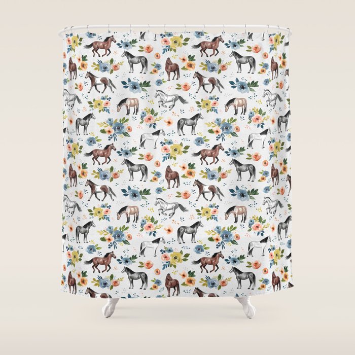 Horses and Flowers, Floral Horses, Western, Horse Art, Horse Decor, Gray Shower Curtain