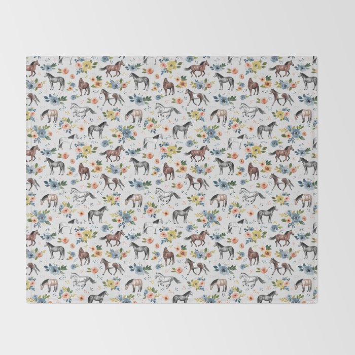 Horses and Flowers, Floral Horses, Western, Horse Art, Horse Decor, Gray Throw Blanket Gallery Image 2