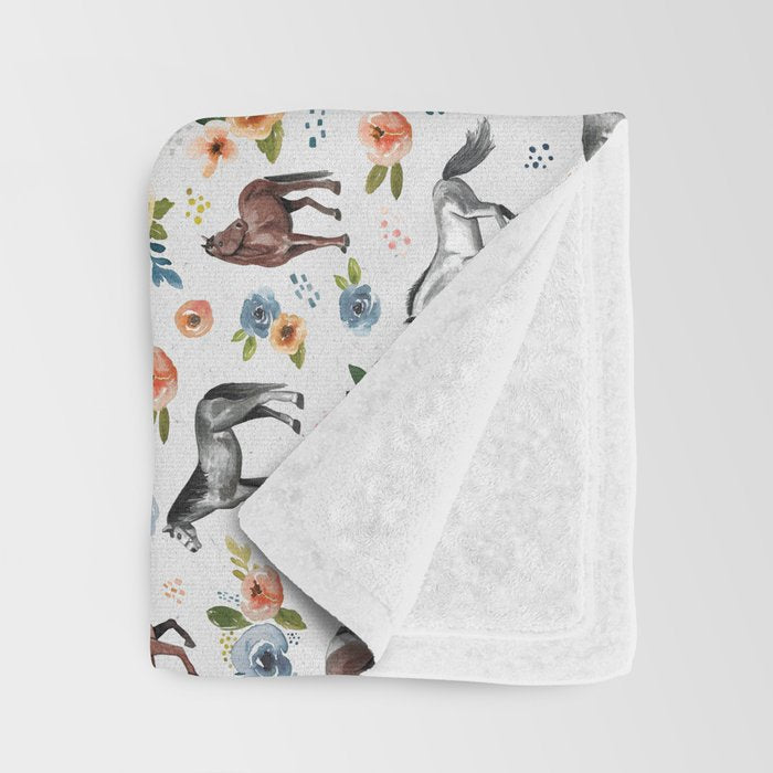 Horses and Flowers, Floral Horses, Western, Horse Art, Horse Decor, Gray Throw Blanket Gallery Image 3