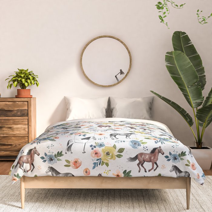 Horses and Flowers, Floral Horses, Western, Horse Art, Horse Decor, Gray Comforter Gallery Image 3